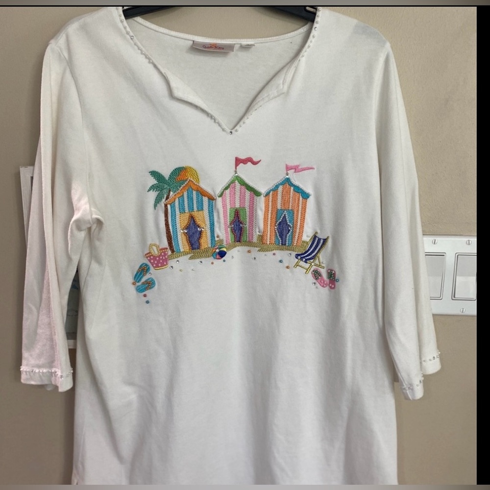 Quaker Factory Beach Hut Embroidered White Top